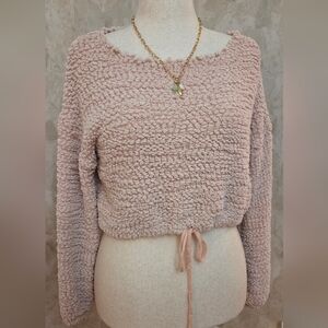 Molly Green Blush Popcorn Knit Cropped Sweater Tie Hem Boho Cozy Size M